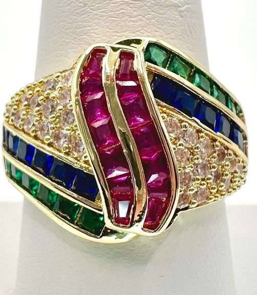 14 Kt. Yellow Gold Plate 4.75 Ct Simulated  Ruby, Sapphire, and Emerald Ring