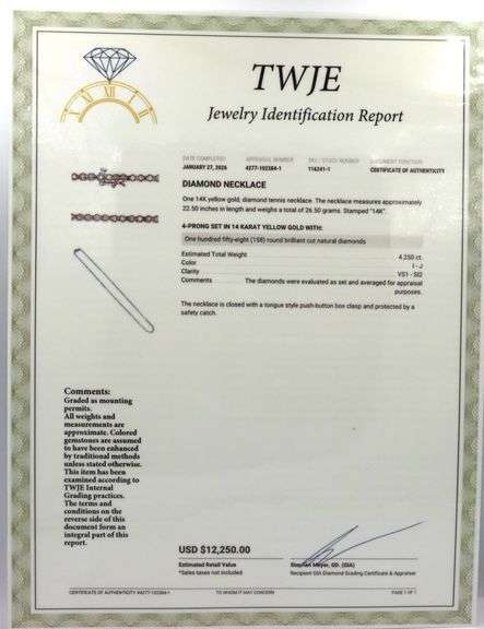 14kt Yellow gold 4.25ctw round brilliant cut diamond tennis necklace