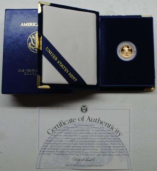 1996 $5 1/10 oz American Gold Eagle Coin – .999 Fine Gold – Original Box & COA