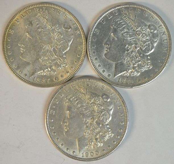 3 Flashy-white AU/BU Morgan Silver Dollars: 1887, 1889, & 1900
