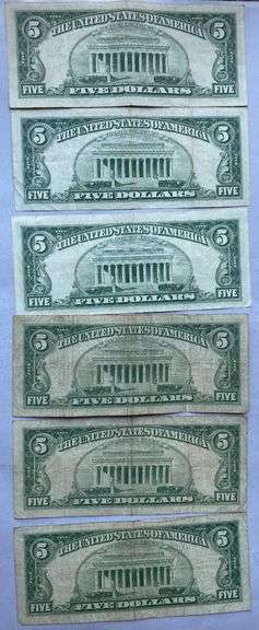 Six 1963 Series $5 Red Seal US Notes