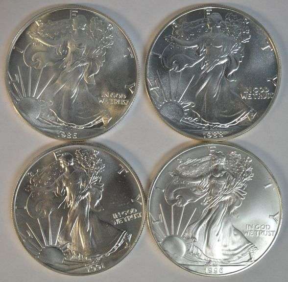 4 Diff. Gem BU Better Dates $1 Silver Eagles 1986 to 1996