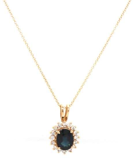 14kt Yellow gold oval blue sapphire and diamond halo pendant on chain