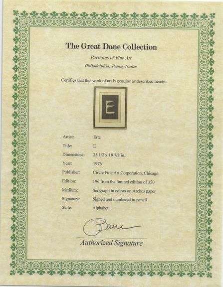 Erte "E" Serigraph Signed Limited Edition from "The Alphabet" Suit Framed