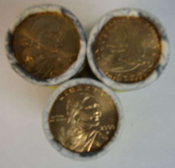 3 Gem original BU rolls of 25 Sacagawea Golden Dollars dated 2000