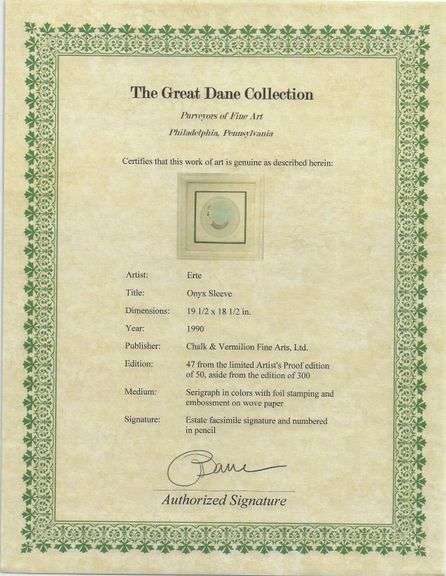 Erte "Onyx Sleeve" Estate Serigraph with Foil Stamping Framed