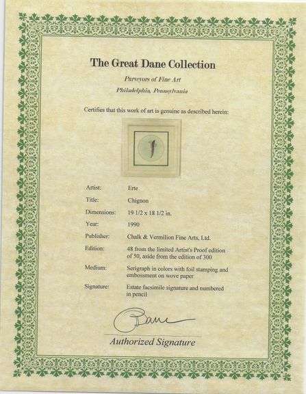 Erte "Chignon" Estate Serigraph with Foil Stamping Framed