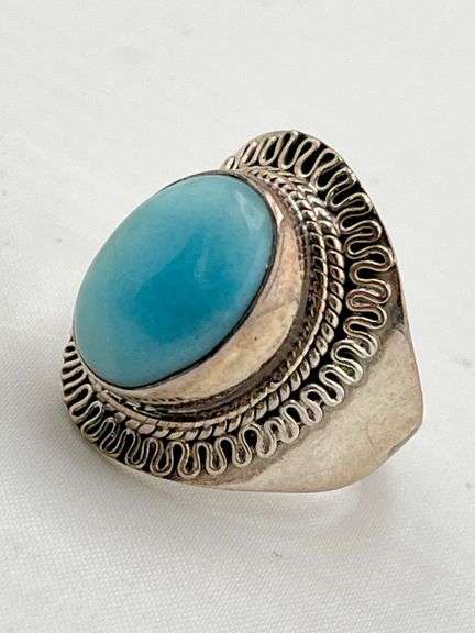 925 Sterling Silver Vintage Native Amewrican Style Blue Larimar Ring