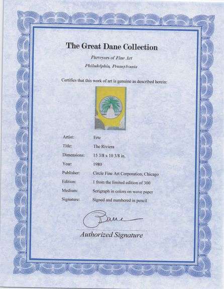 Erte "The Riviera" Special Signed Serigraph Number 1 In The Edition