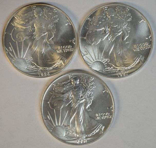 3 Diff. Gem BU Key Date $1 American Silver Eagles 1986 to 1991