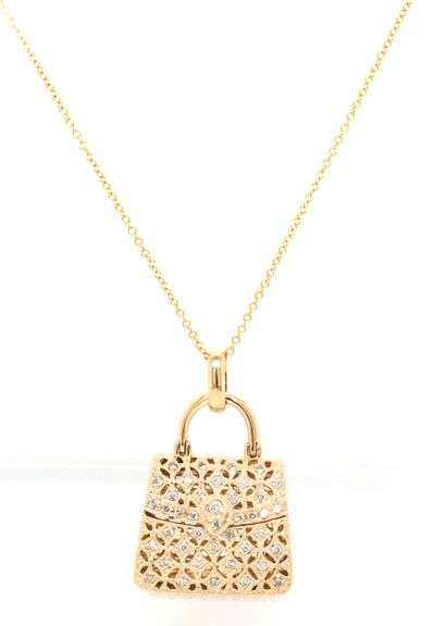 14kt Yellow gold diamond lattice purse pendant on chain necklace