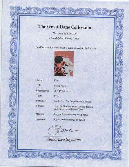 Erte "Black Rose" Serigraph Signed Limited Edition Artist's Proof