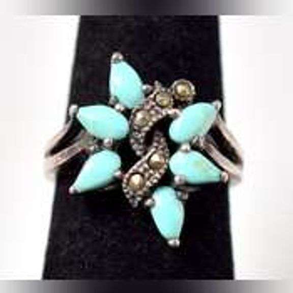 Turquoise and Marcasite Gemstone Ring in Sterling Silver .