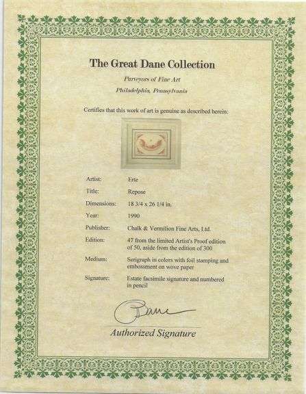 Erte "Repose" Estate Serigraph with Foil Stamping Framed