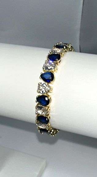 18 Kt. Yellow Gold Plated 32.5 Ctw. CZ and Simulated Blue Sapphire Tennis Bracelet