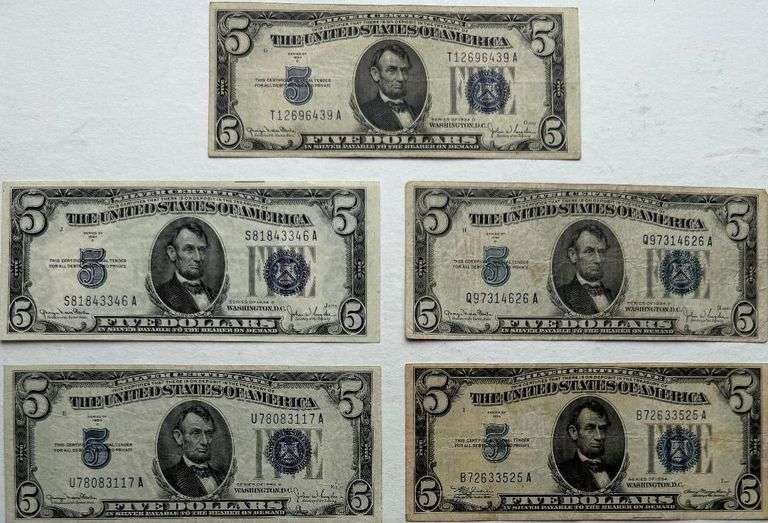 Five $5 1934 1934 D Silver Certificates.