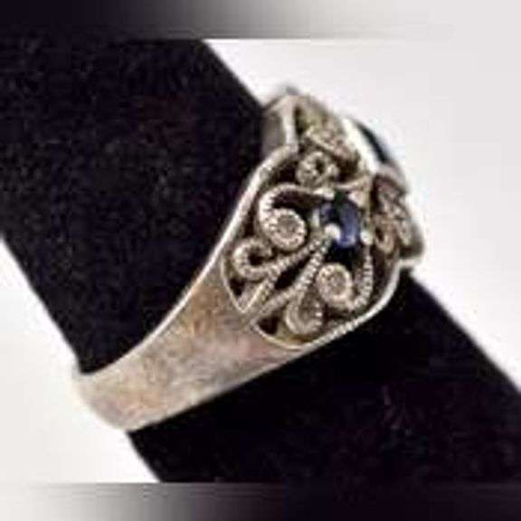 Blue Sapphire and Diamond Ring in Sterling Silver .
