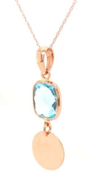 14kt Rose gold cushion blue topaz disc drop pendant on chain