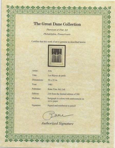 Erte "Les Bijoux de Perle" Signed Limited Edition Serigraph Framed