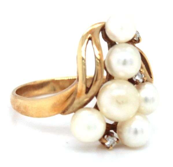 Feminine 14k yellow gold Pearl and Diamond Cluster Ring