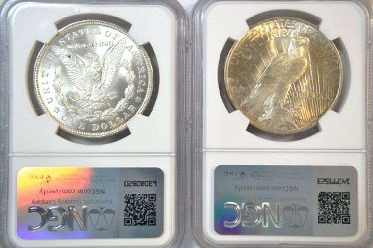 Near Gem BU 1921 Morgan & 1923 Peace Silver Dollars. NGC MS64