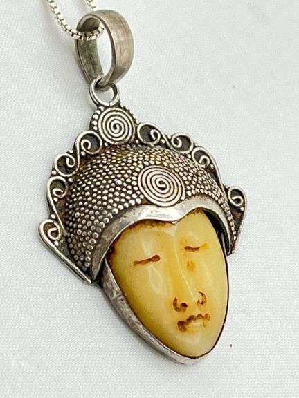 Italian 925 Sterling Silver Vintage Antique Carved Face Ivory Pendant