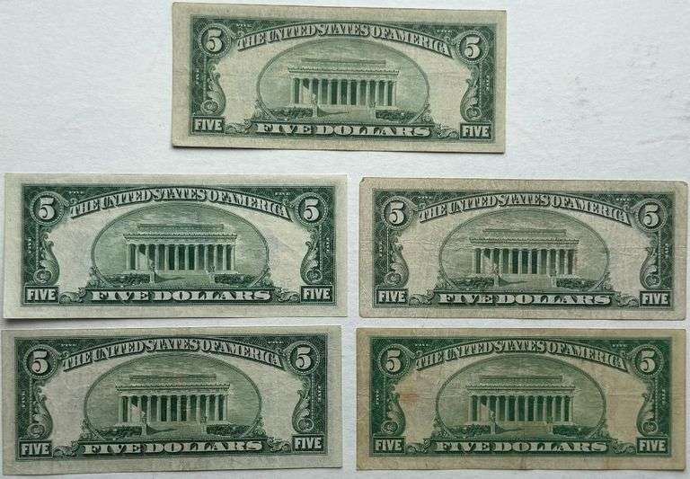Five $5 1934 1934 D Silver Certificates.