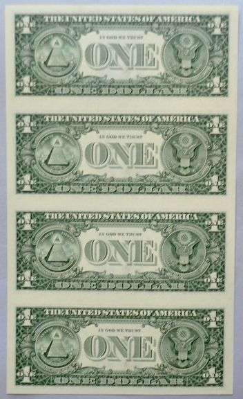 Sheet of 4 Uncut 1999 $1 Fed Reserve Notes.