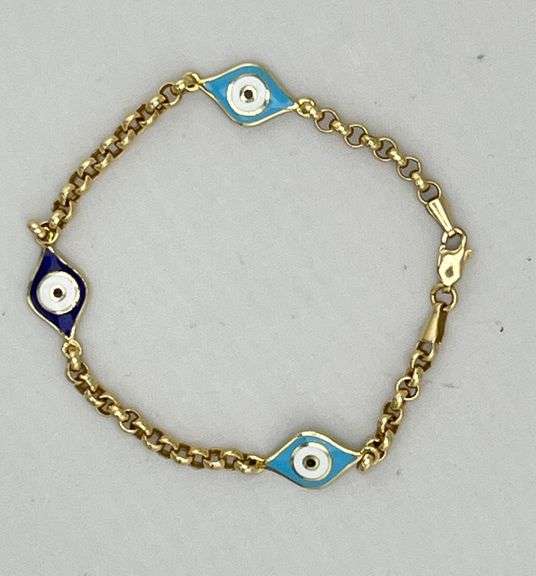 14KT Yello Gold Two Differtent Anemel Color Evil Eye With Rolo link Chain