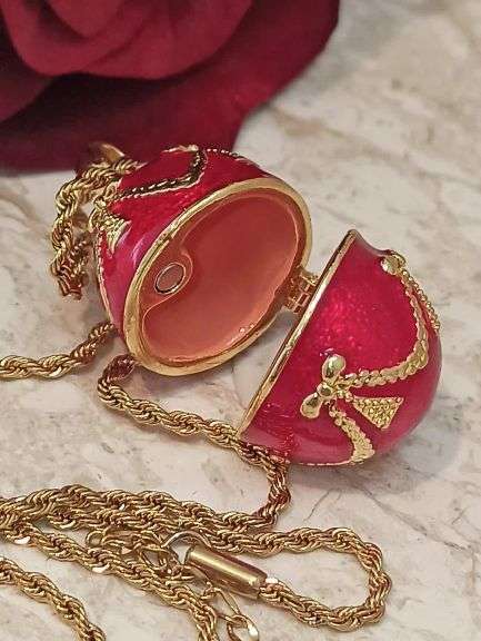 Imperial Egg Crystal Necklace & Ruby Bracelet Set – 24K Gold Handset Locket