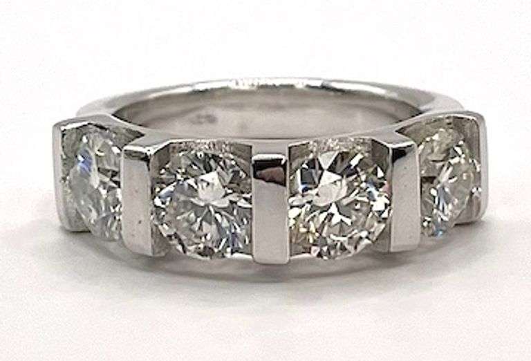 14 K White Gold Plate Stunning 4 Stone White Fire Moissanite Ring