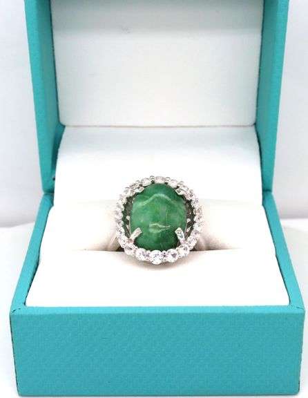 Darling 10.00CTS Oval Cabochon-Cut Emerald & White Sapphire Ring in 925 Sterling Silver