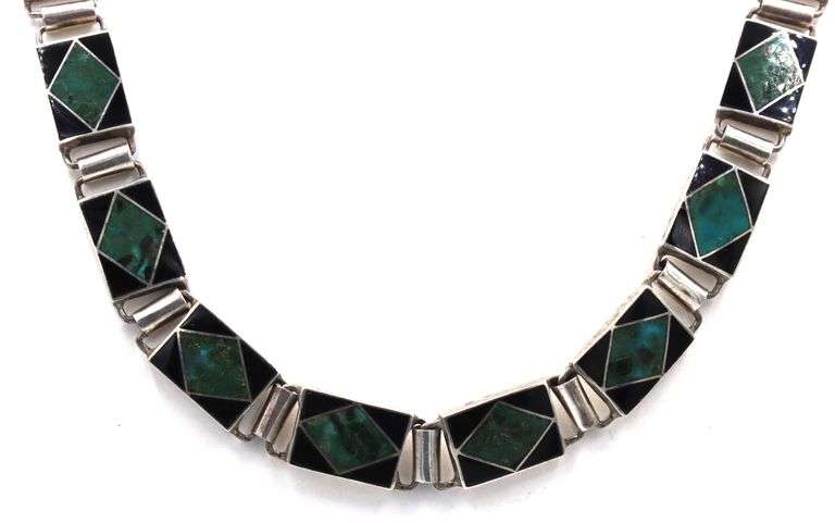 Vintage 925 Sterling Silver Art Deco Inlaid Malachite And Onyx Necklace