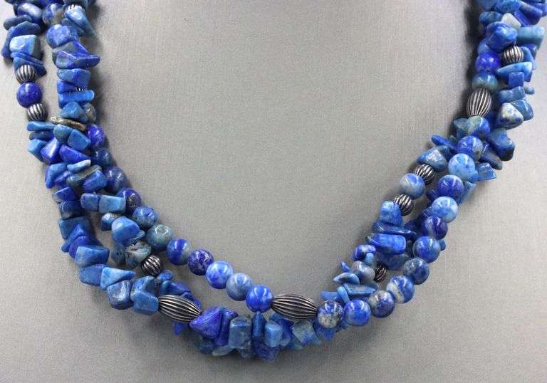 3 Row Lapis beaded necklace in sterling silver