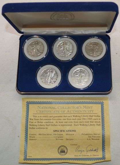 1941-D, 1942, 1943, 1944-S, 1945 Set of 5 Walking Liberty Half Dollars – Original Box & COA