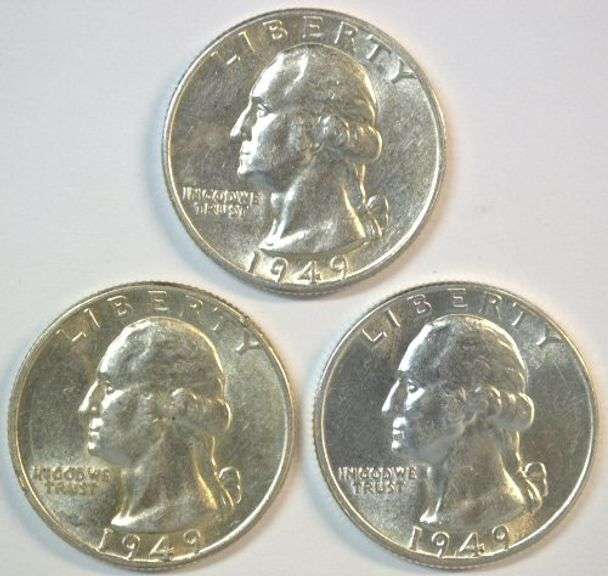 1949 Choice AU58 & 2 1949-D Choice BU Washington Quarters