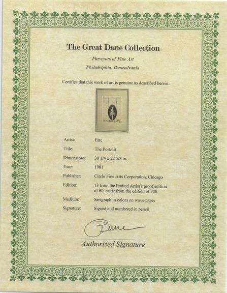 Erte "The Portrait" Signed Limited Edition Serigraph Framed