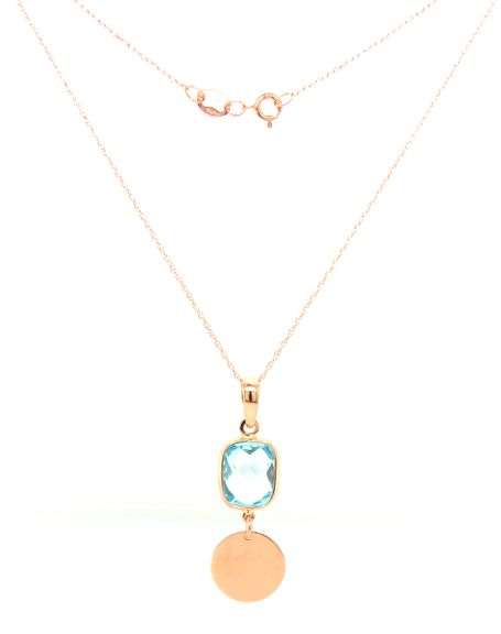 14kt Rose gold cushion blue topaz disc drop pendant on chain