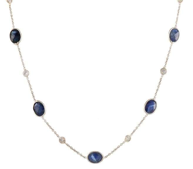 13.20ctw Oval Sapphire and 0.55ctw Diamond by the Yard Station Necklace in 14K