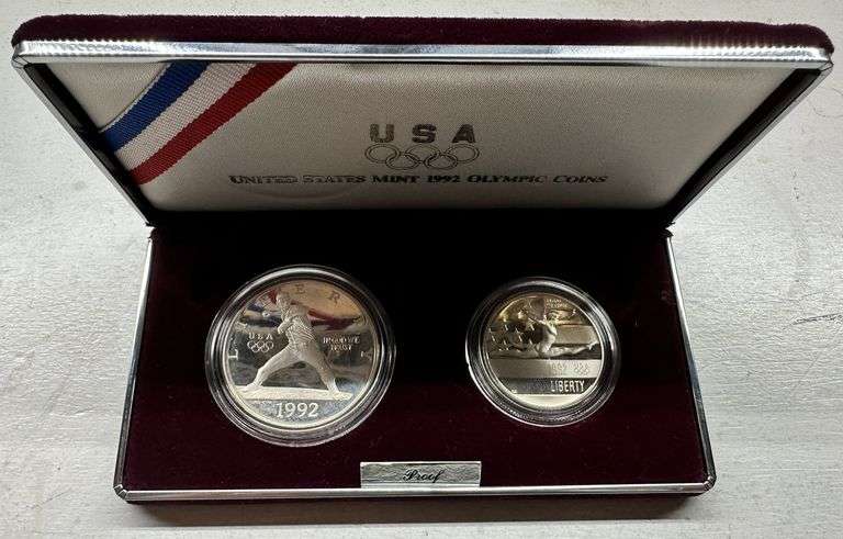 1992 U.S. Mint Olympic Proof 2-Coin Set Silver Dollar & Clad Half w/ Box