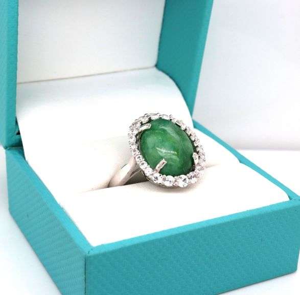 Darling 10.00CTS Oval Cabochon-Cut Emerald & White Sapphire Ring in 925 Sterling Silver