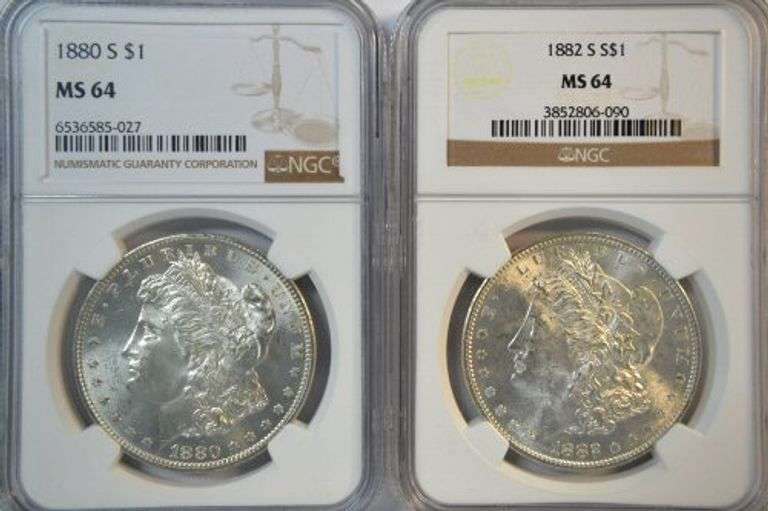 Blazing 1880-S & 1882-S Morgan Silver Dollars. NGC MS64's