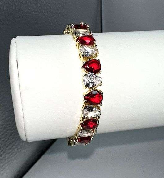 18 Kt Yellow Gold Plated Huge 32.5 Ctw Simulated Ruby Tennis Bracelet