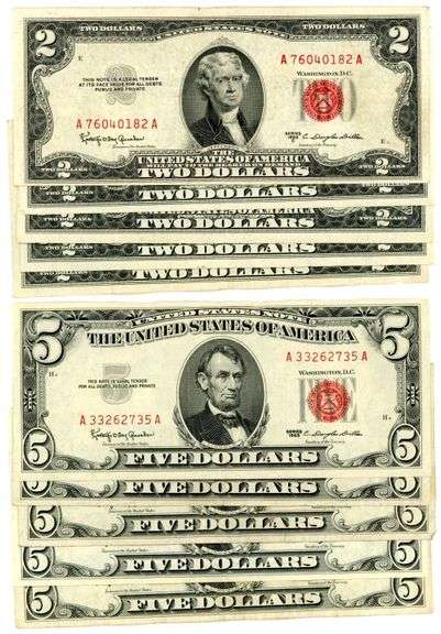 5 Nicer $2 Red Seals (1 1953) and 5 $5 Red Seals from Series of 1963