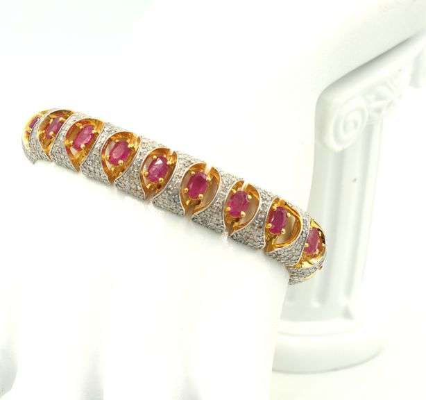 Darling 11.69CTW Oval Shaped Emerald-Cut Ruby & 3.90CTW Diamond Bracelet in 14K Gold Over Sterling S