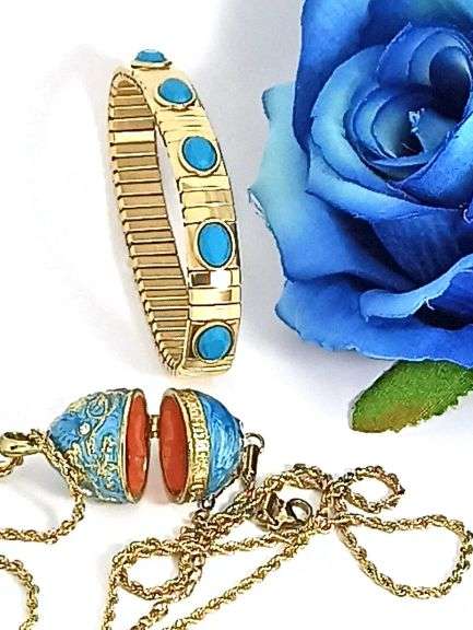 Handmade Imperial Egg-Inspired Blue Topaz Necklace & 24K Gold Bracelet Set