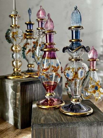 Luxury Embossed Glass Design Egyptian Handblown Perfume Bottles, Set of 5