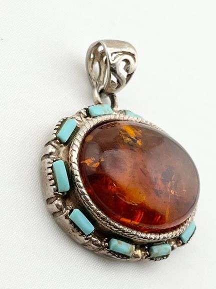 925 Sterling Silver Vintage Oval Baltic Amber Accented With Small Turquoise Pendant