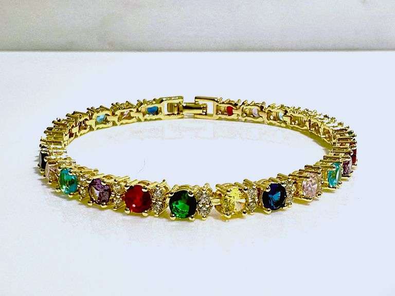 Beautiful Yellow Gold Plate Mixed Color Simulated Sapphire Tennis Bracelet