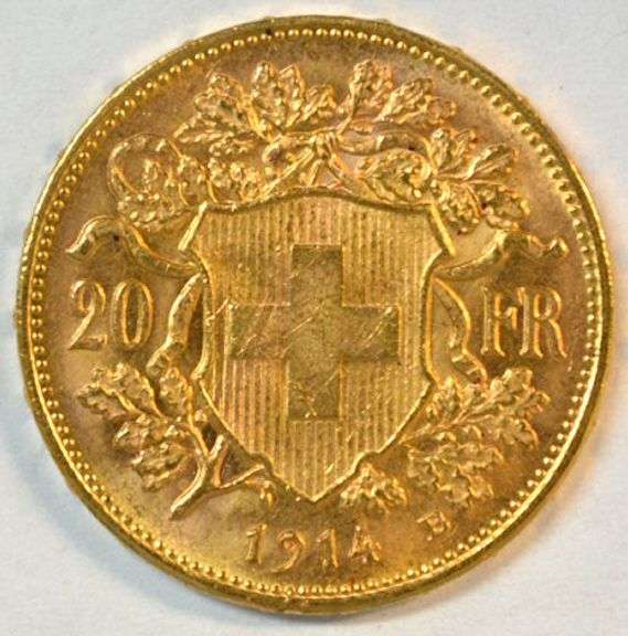 Superb Gem BU 1914 Swiss 20 Francs Gold Piece